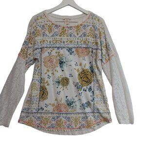Sundance Tee Shirt Floral Front Long Sleeve w Lace Sleeves Womens ‎ XS
